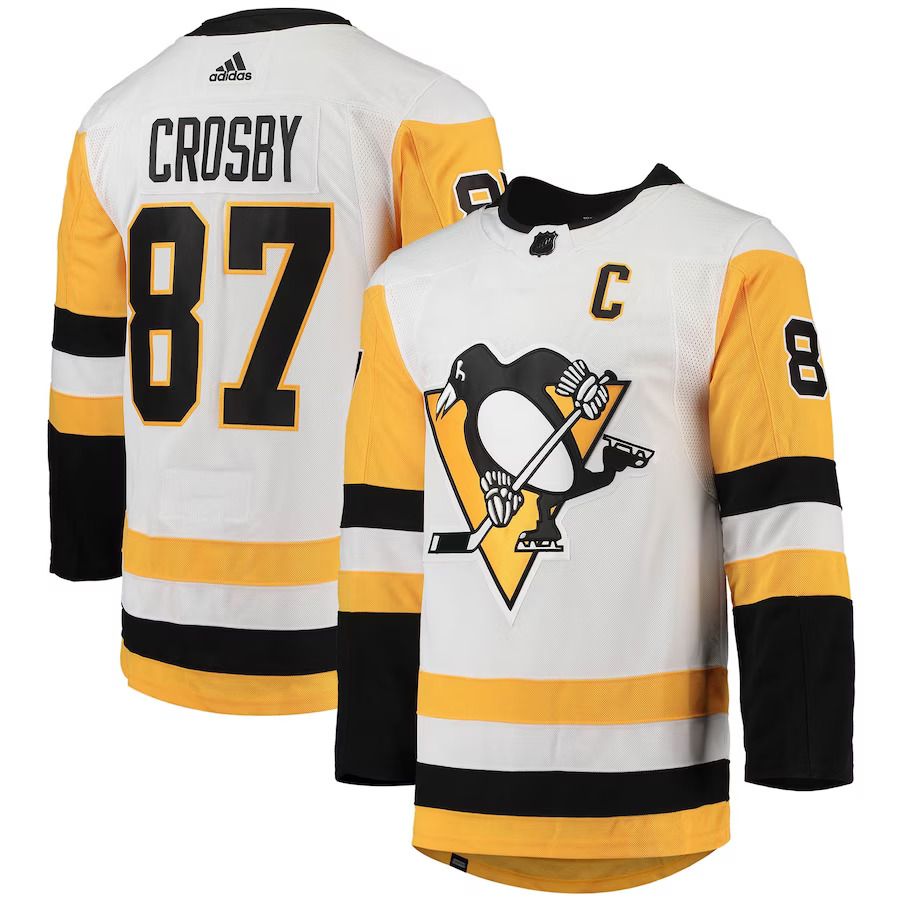 Men Pittsburgh Penguins 87 Sidney Crosby adidas White Away Captain Patch Primegreen Authentic Pro Player NHL Jersey